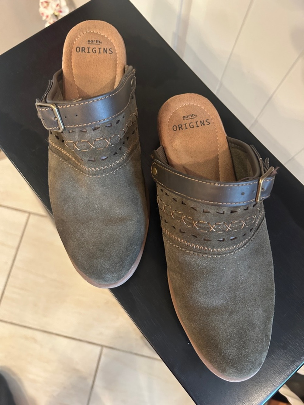 Origins Olive Suede Slip-On Clogs with Buckle Detail